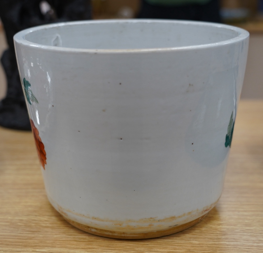 A 19th century Chinese famille rose flower pot, 19.5cm high. Condition - hole drilled to base.